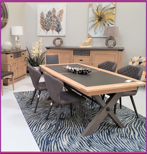 Table plateau et allonges en bois et céramique